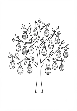 Voir le coloriage Oeufs de Pâques suspendus aux branches d'un arbre