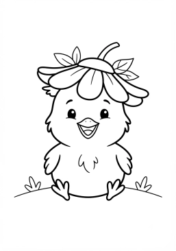 Voir le coloriage Poussin rigolo portant un chapeau de fleur