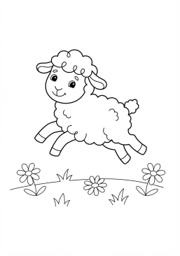 Voir le coloriage Mouton joyeux sautant dans un pré fleuri