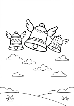 Voir le coloriage Cloches de Pâques joyeuses volant dans le ciel