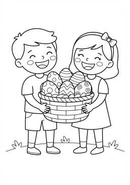 Voir le coloriage Enfants riants tenant un grand panier d'oeufs