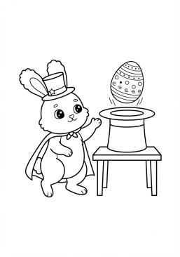 Voir le coloriage Lapin de Pâques magicien sortant un oeuf du chapeau