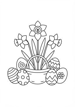 Voir le coloriage Jonquilles jaunes et oeufs de Pâques colorés