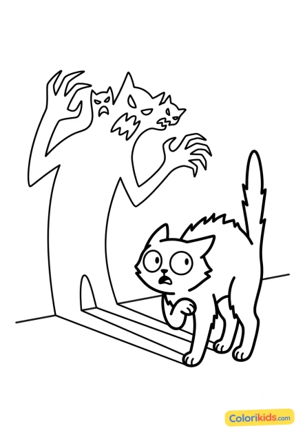 Ausmalbild zum Ausdrucken: schwarze Katze erschrickt vor einem Schatten