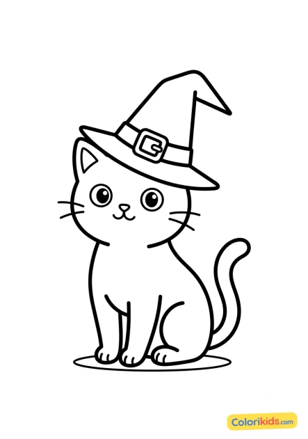 Desenho para colorir para imprimir: gato preto com chapéu de bruxa