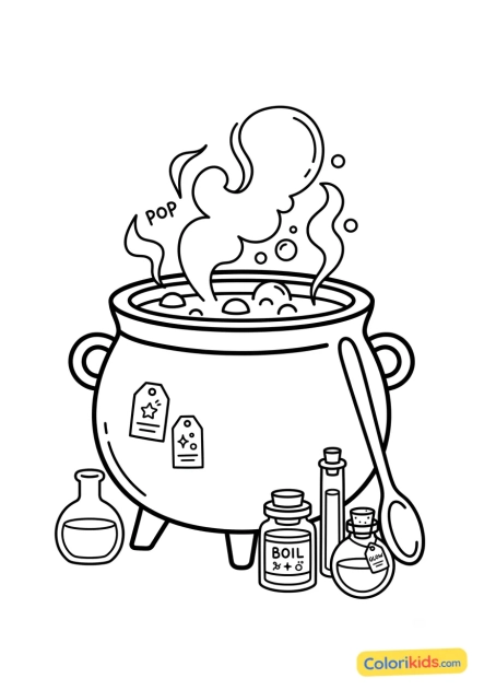 Desenho para colorir para imprimir: caldeirão borbulhante com poções