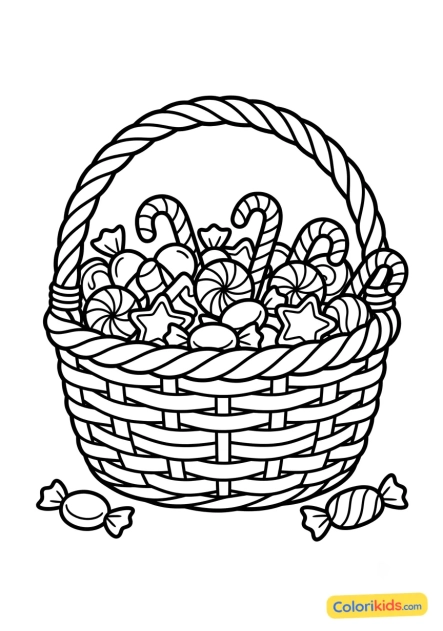 Dibujo para colorear para imprimir: cesta de caramelos llena de golosinas