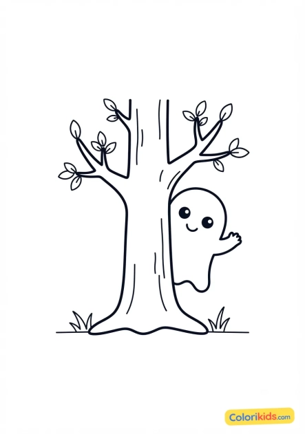 Ausmalbild zum Ausdrucken: geist versteckt sich hinter einem Baum