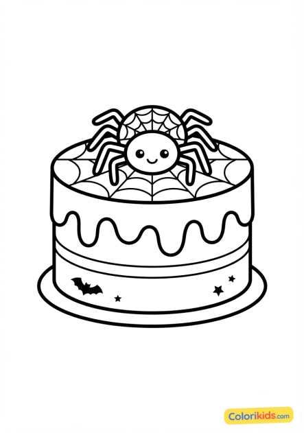 Ausmalbild zum Ausdrucken: halloween-Kuchen mit Spinnendekoration