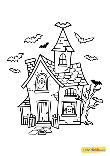 Dibujo para colorear para imprimir: casa encantada con murciélagos
