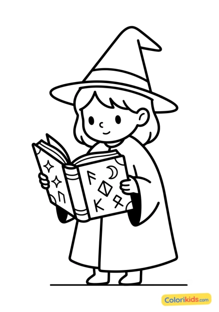 Desenho para colorir para imprimir: pequena bruxa lendo um grimório