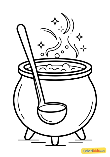 Desenho para colorir para imprimir: caldeirão mágico com uma concha