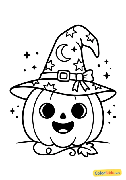 Desenho para colorir para imprimir: abóbora com chapéu de mago