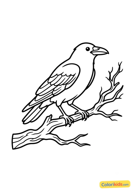 Desenho para colorir para imprimir: corvo empoleirado em um galho morto