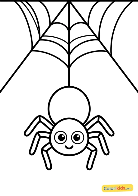 Ausmalbild zum Ausdrucken: spinne seilt sich an ihrem Netz ab