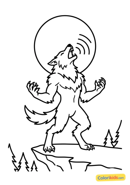 Ausmalbild zum Ausdrucken: werwolf heult den Vollmond an