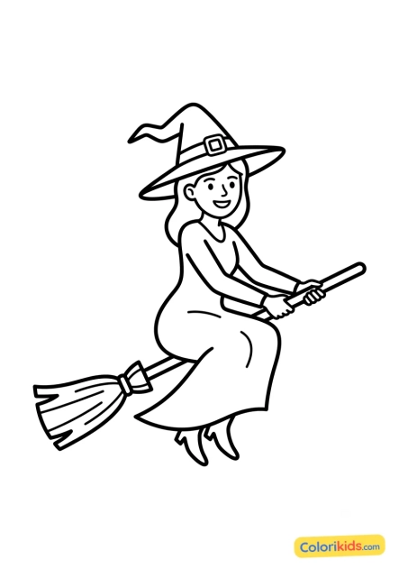 Desenho para colorir para imprimir: bruxa em sua vassoura voadora