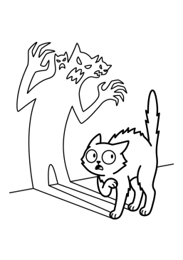 Malvorlage Schwarze Katze erschrickt vor einem Schatten