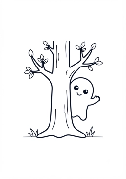 Malvorlage Geist versteckt sich hinter einem Baum