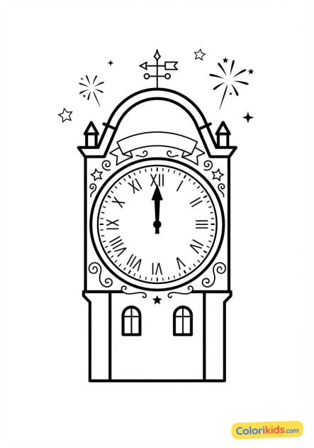 Coloriage à imprimer : horloge ancienne indiquant minuit pile