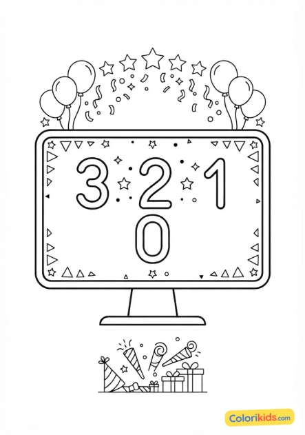 Coloriage à imprimer : compte à rebours numérique sur un grand écran