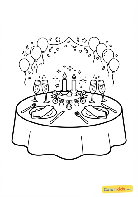 Coloriage à imprimer : table de réveillon élégamment dressée et festive