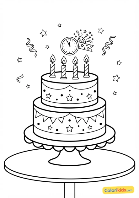 Coloriage à imprimer : gâteau festif de Nouvel An avec des bougies