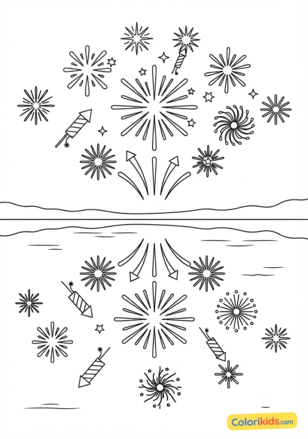 Coloriage à imprimer : feu d'artifice reflété sur l'eau d'un lac