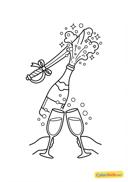 Coloriage à imprimer : sabre de champagne moussant et verres levés