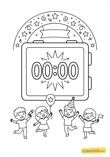 Coloriage à imprimer : compte à rebours géant affichant minuit