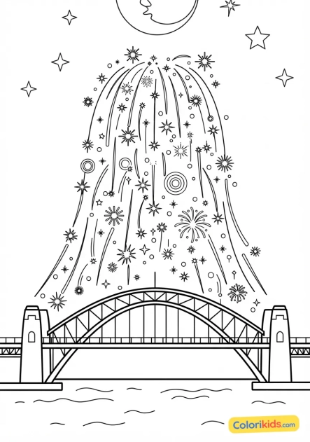 Coloriage à imprimer : cascade lumineuse géante sur un pont célèbre