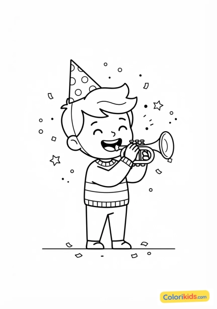 Coloriage à imprimer : enfant joyeux soufflant dans une trompette de fête