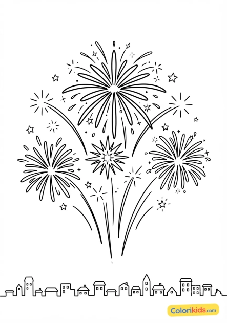 Coloriage à imprimer : magnifique feu d'artifice éclatant dans le ciel de minuit