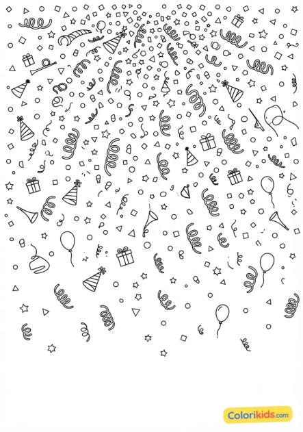 Coloriage à imprimer : cotillons et confettis tombant du plafond