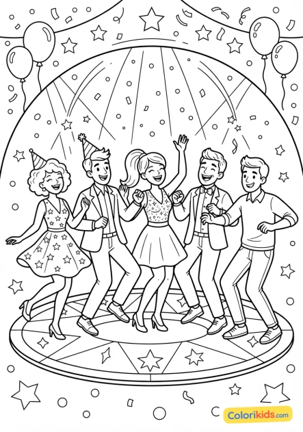 Coloriage à imprimer : personnes dansant joyeusement sur une piste illuminée