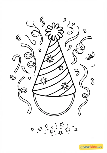 Coloriage à imprimer : chapeau de fête pointu et serpentins colorés