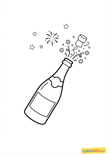Coloriage à imprimer : bouteille de champagne qui saute avec son bouchon
