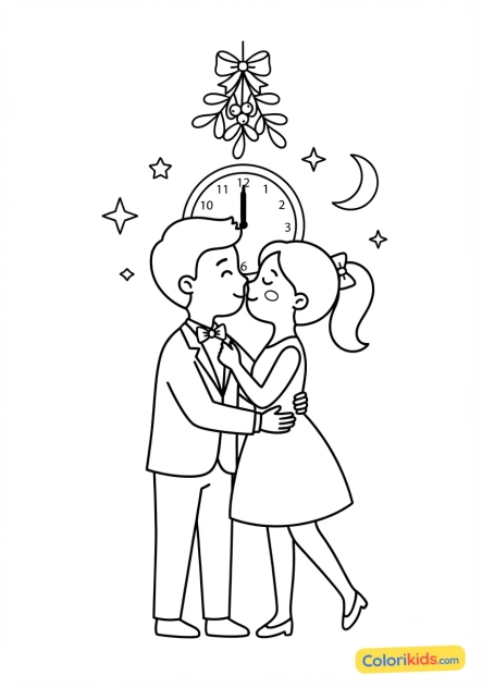 Coloriage à imprimer : baiser romantique sous le gui à minuit