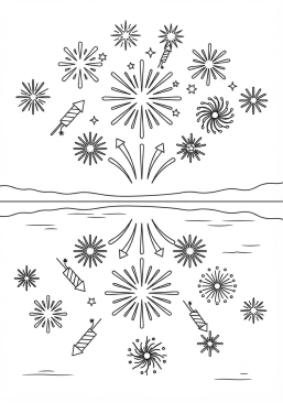 Voir le coloriage Feu d'artifice reflété sur l'eau d'un lac