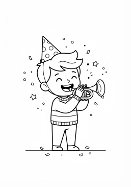 Voir le coloriage Enfant joyeux soufflant dans une trompette de fête