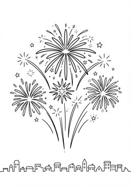 Voir le coloriage Magnifique feu d'artifice éclatant dans le ciel de minuit
