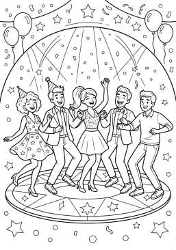 Voir le coloriage Personnes dansant joyeusement sur une piste illuminée
