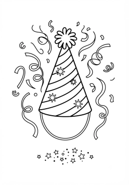 Voir le coloriage Chapeau de fête pointu et serpentins colorés