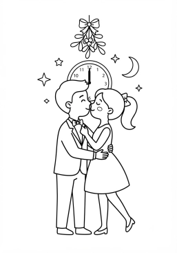 Voir le coloriage Baiser romantique sous le gui à minuit