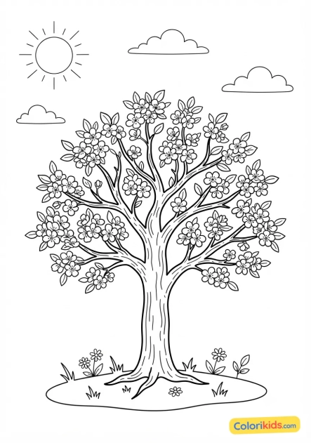 Coloriage à imprimer : pommier en fleurs sous un ciel azur