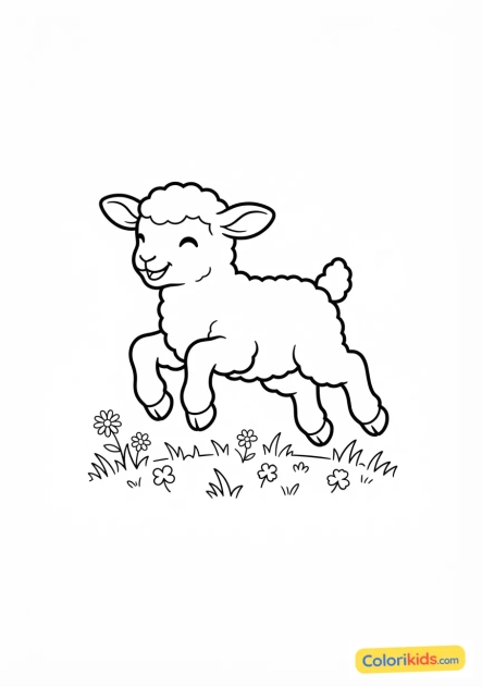 Coloriage à imprimer : bébé agneau gambadant dans l'herbe tendre