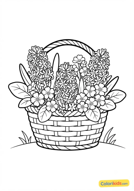Coloriage à imprimer : panier de primevères et de jacinthes colorées