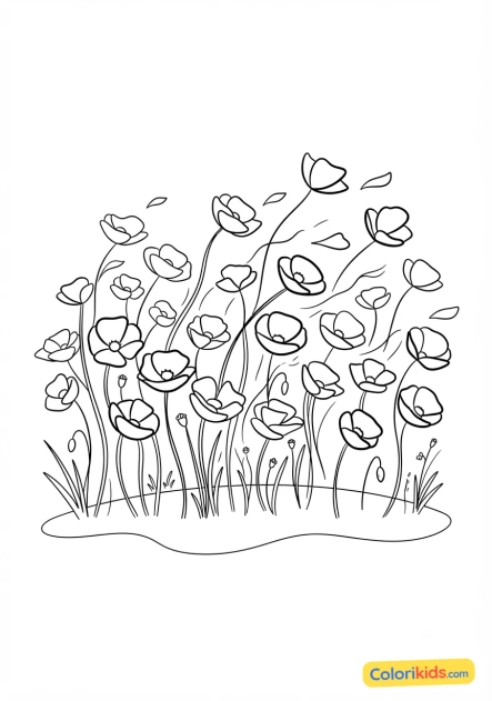 Coloriage à imprimer : champ de coquelicots rouges vifs au vent