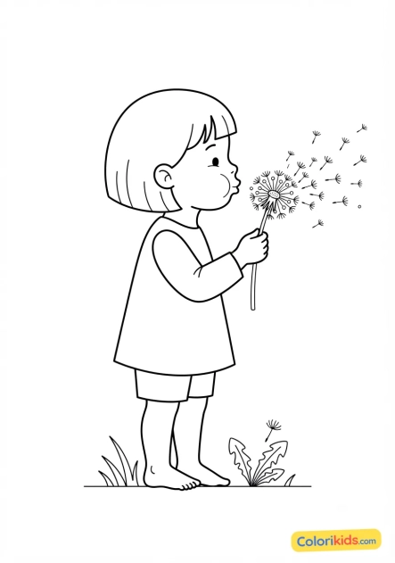 Coloriage à imprimer : enfant soufflant sur un pissenlit