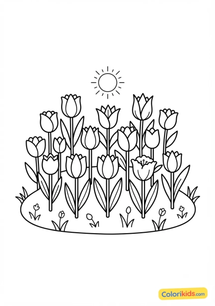 Coloriage à imprimer : jardin fleuri de tulipes multicolores
